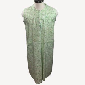 Vintage Handmade 1950s Womens House Cleaning Dress Pockets Green Floral Size 16